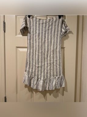 Sage The Label Black & White Striped Off-Shoulder Dress with Ruffle Hem Size M